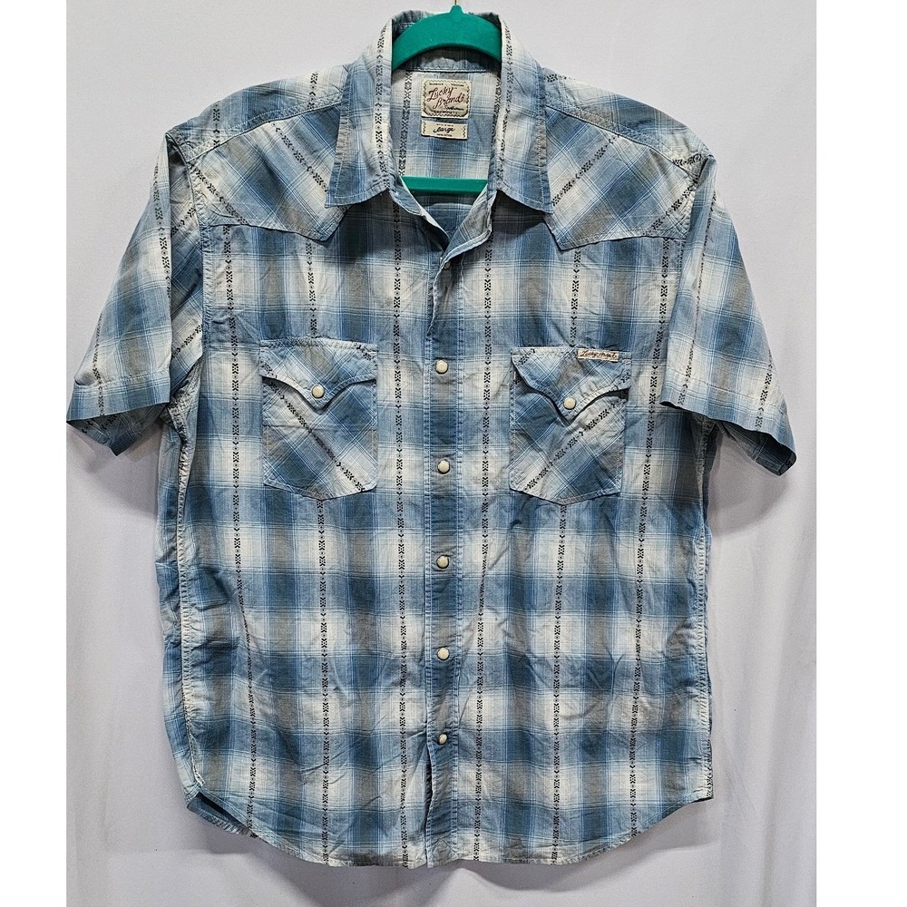 Lucky Brand Mens Blue Plaid Embroidered Western Snap Short Sleeve Shirt Large